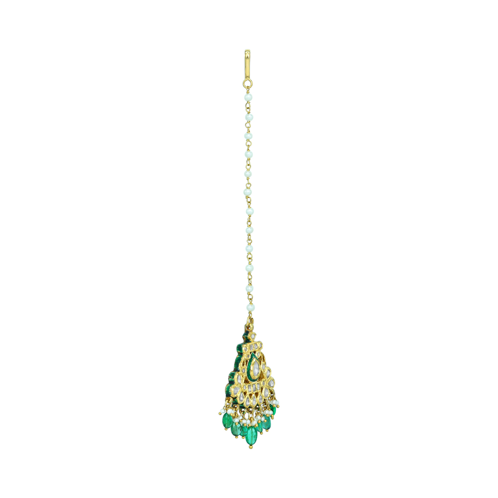 Green Enamel Polki Mangtikka with Pearl and Emerald Drops